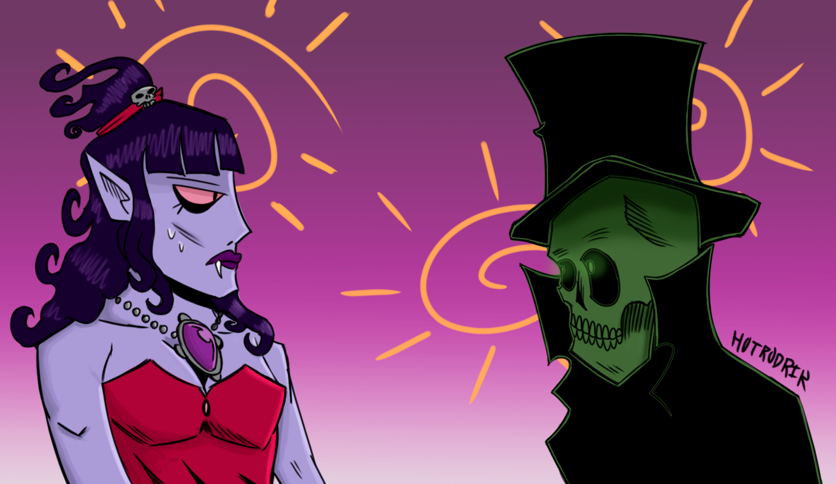 Ilustración: vampira y personaje con máscara de calavera y sombrero de copa