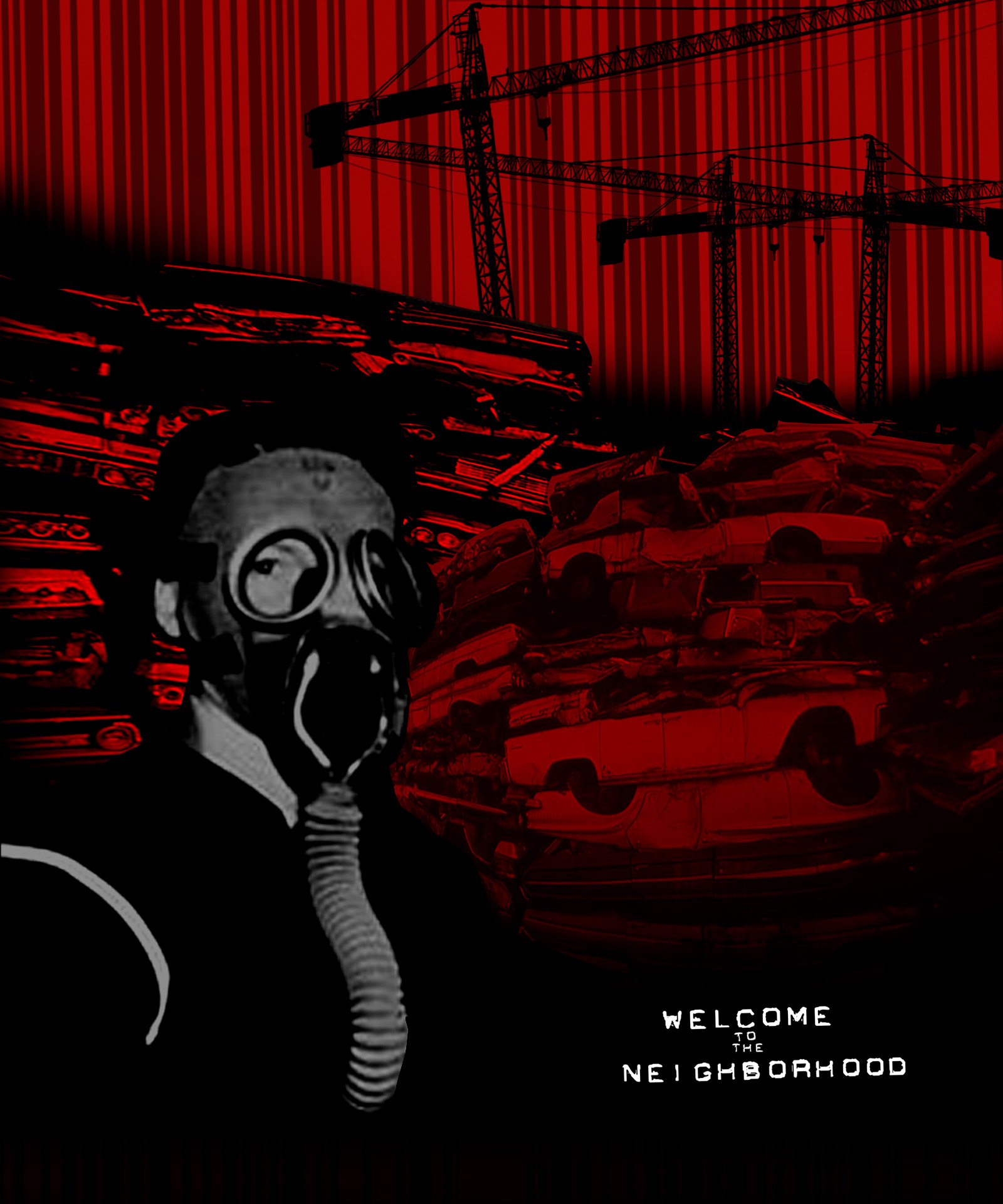 Poster «Welcome to the Neighborhood»: máscara de gas en un entorno post-apocalíptico rojo