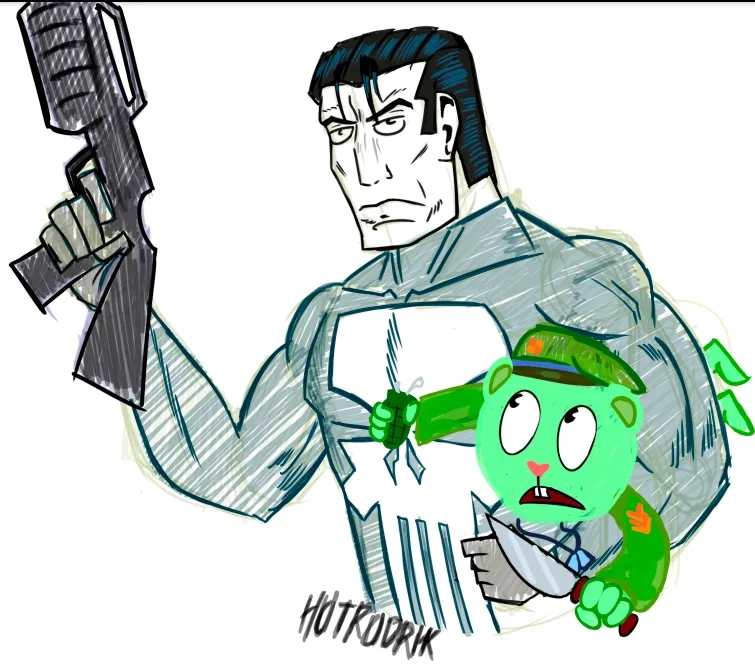 Personaje estilo Punisher con escopeta junto a un personaje verde cómico