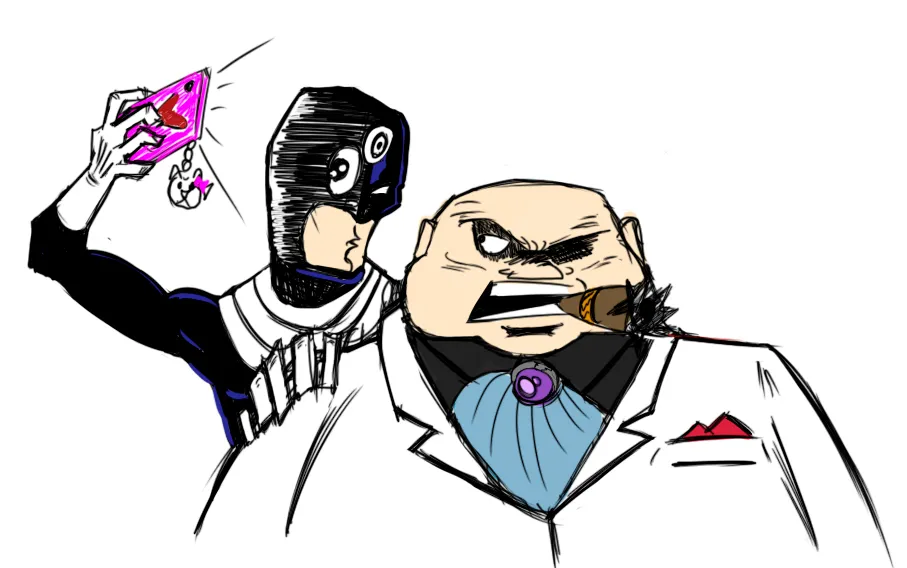 Ilustración de un personaje enmascarado tomándose una selfie junto a un jefe mafioso