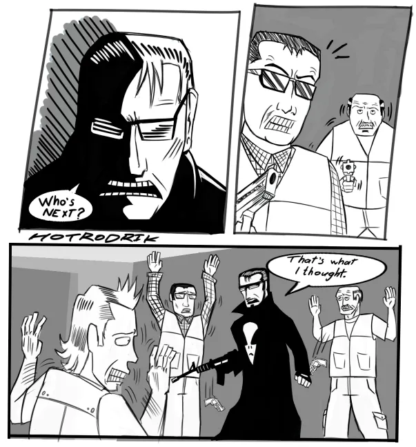 Tira cómica en blanco y negro con un personaje estilo justiciero