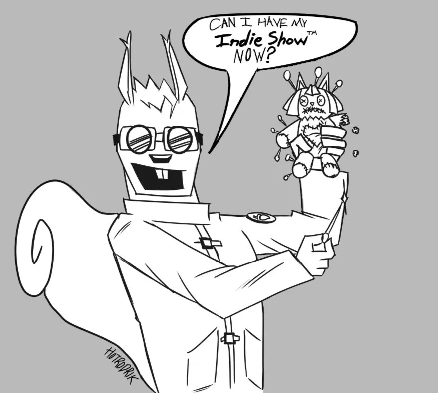 Ilustración cómica del personaje Arnie the squirrel con un muñeco vudú