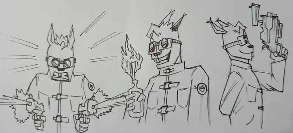 Arnie the squirrel en poses de acción con armas y un cóctel molotov