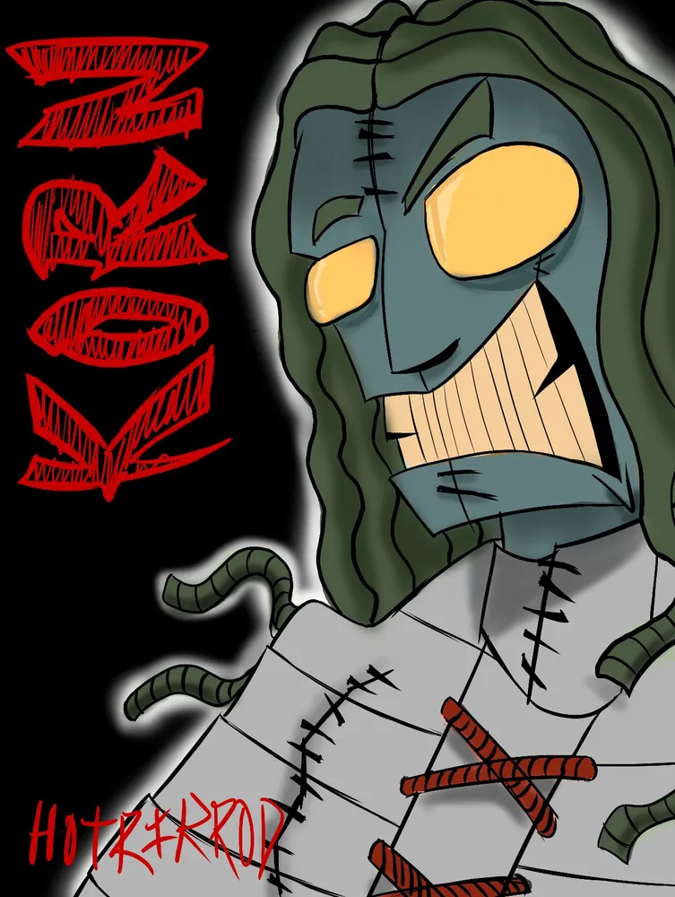 Ilustración de un personaje zombie cosido estilo banda de rock