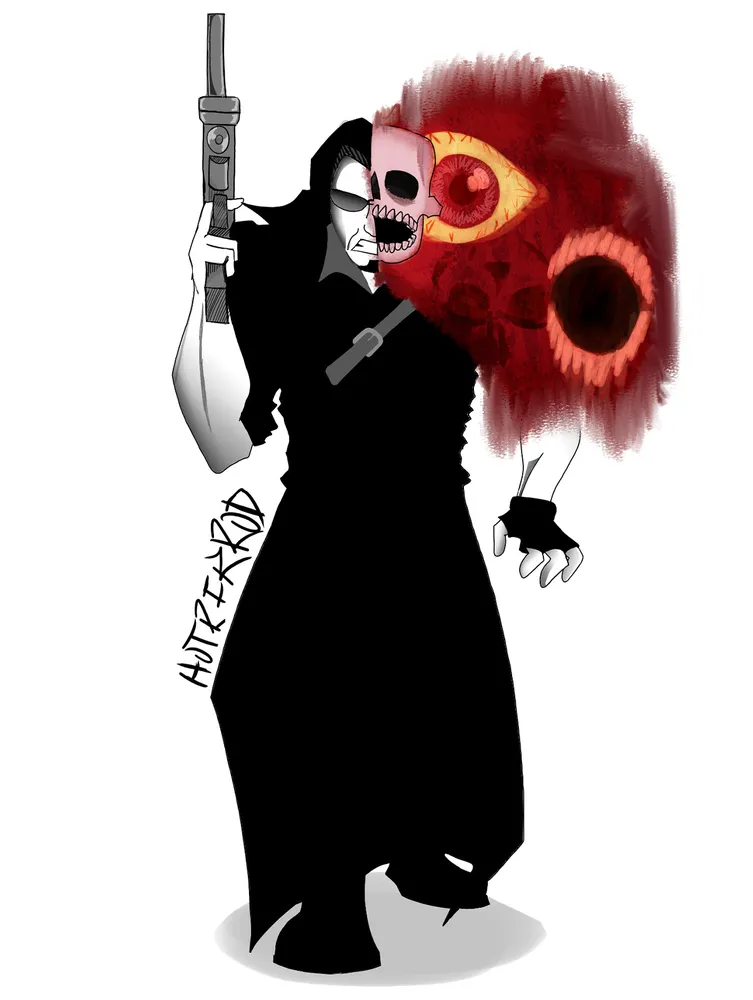 Ilustración de un personaje encapuchado con máscara y arma