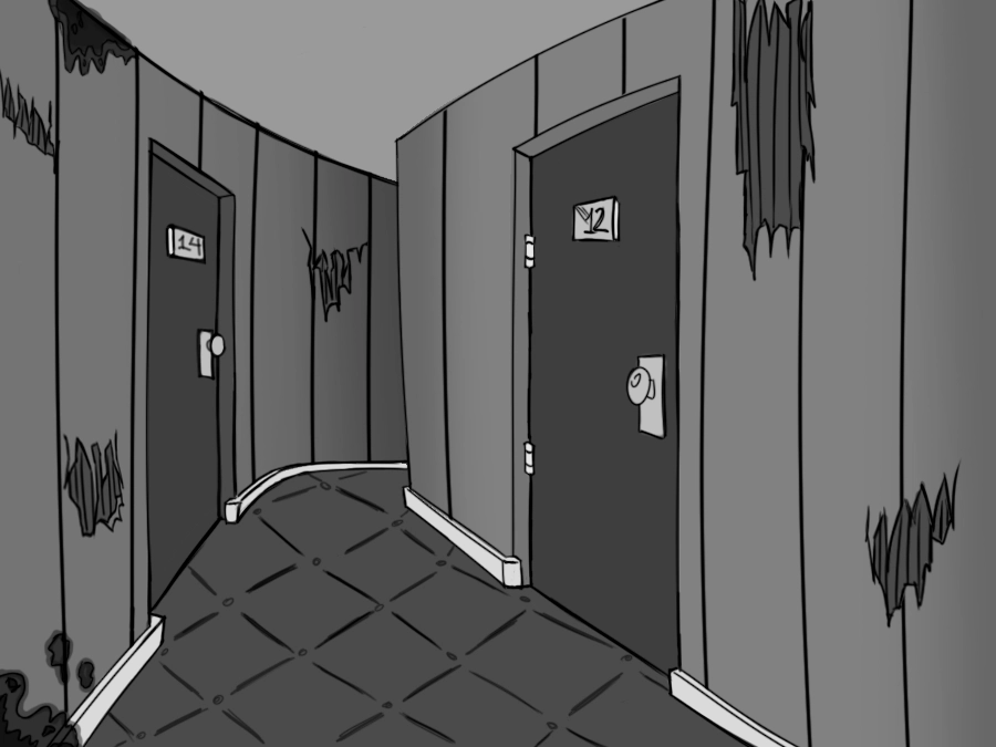 Fondo ilustrado de un pasillo curvo con puertas numeradas 12 y 14