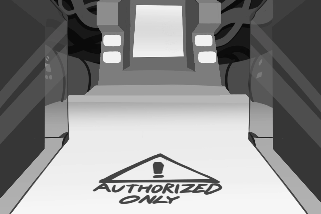 Fondo ilustrado de una sala con una super-computadora y letrero de acceso autorizado