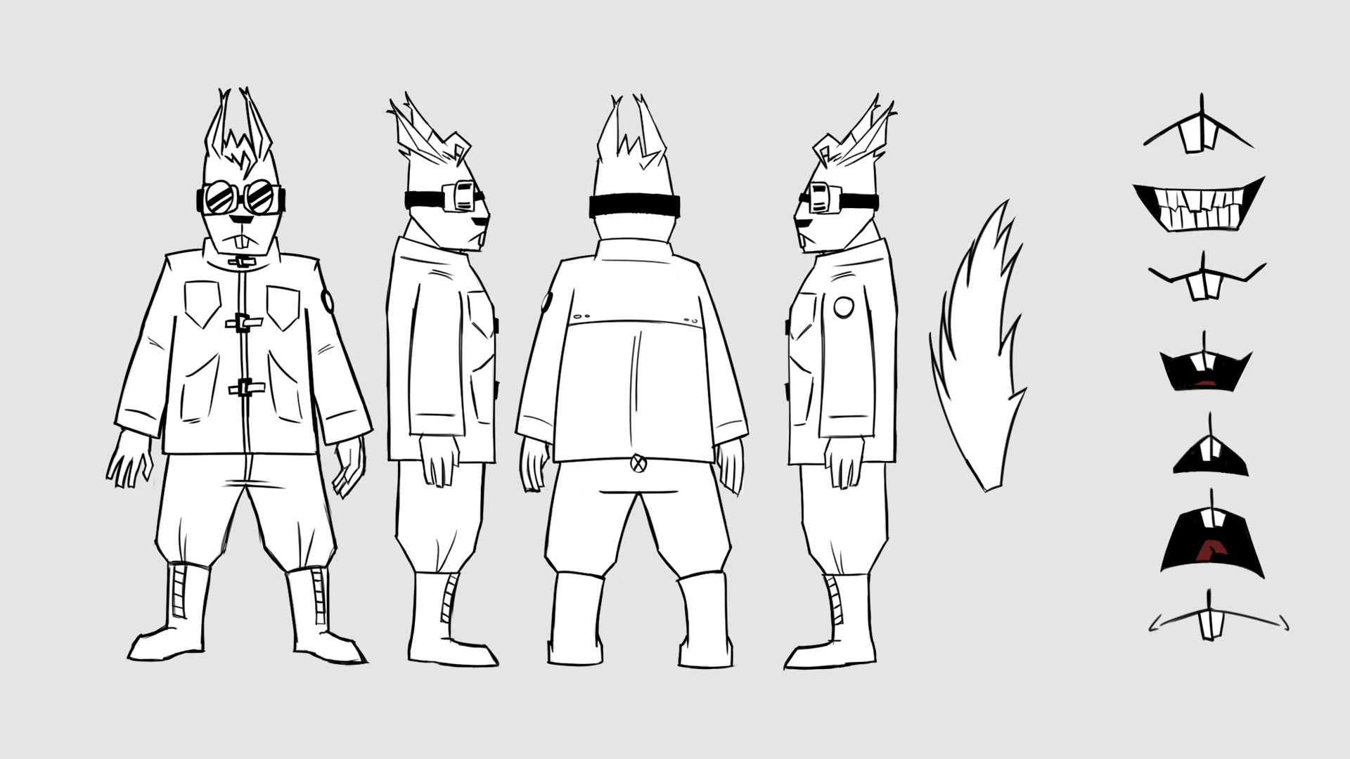 Model sheet del personaje Arnie the squirrel con turnaround y expresiones