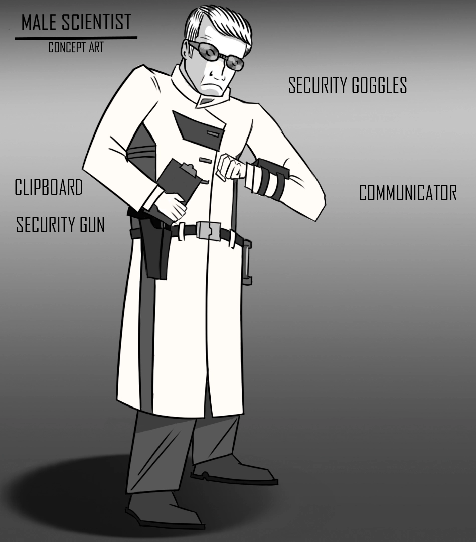 Concept art de personaje: Male Scientist, con anotaciones de gadgets