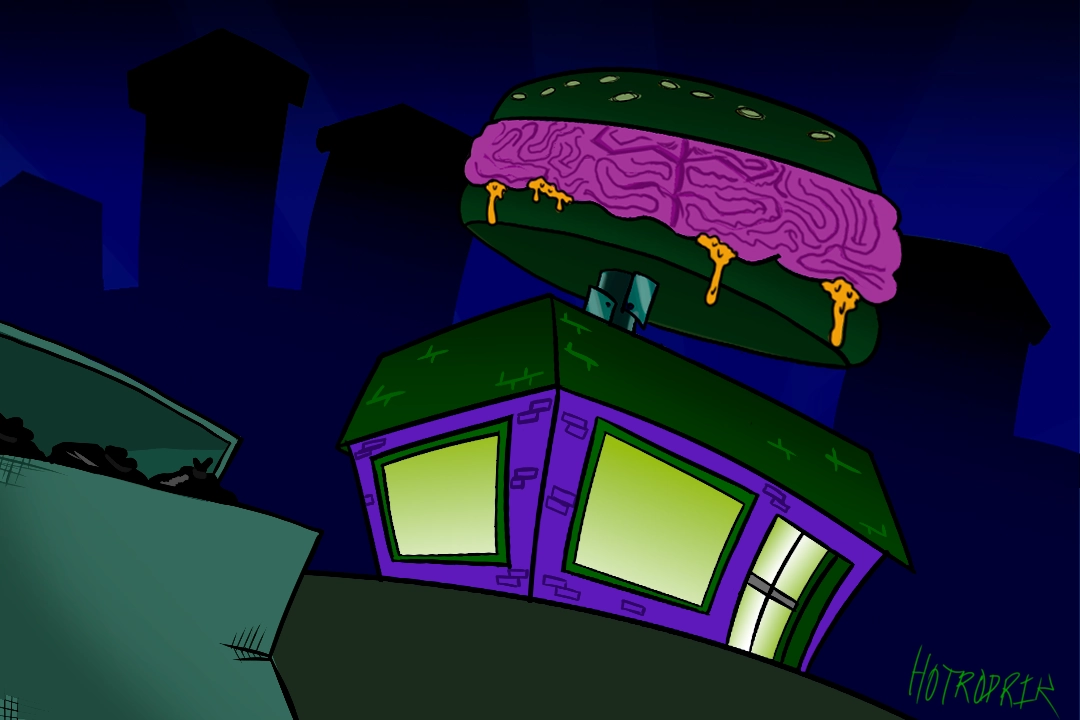 Fondo ilustrado de un restaurante temático zombie de noche